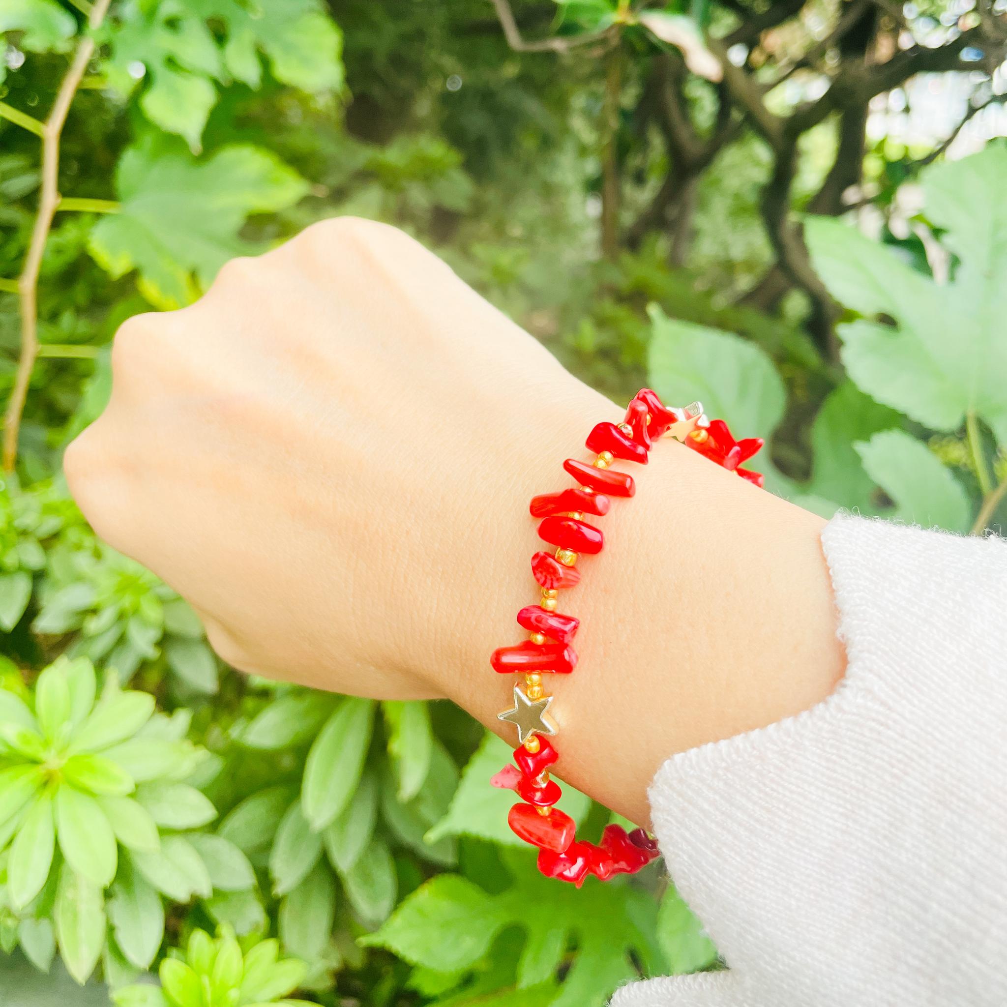 赤い珊瑚が映える！珊瑚とヘマタイトスターのマグネット式ブレスレット | 5枚目