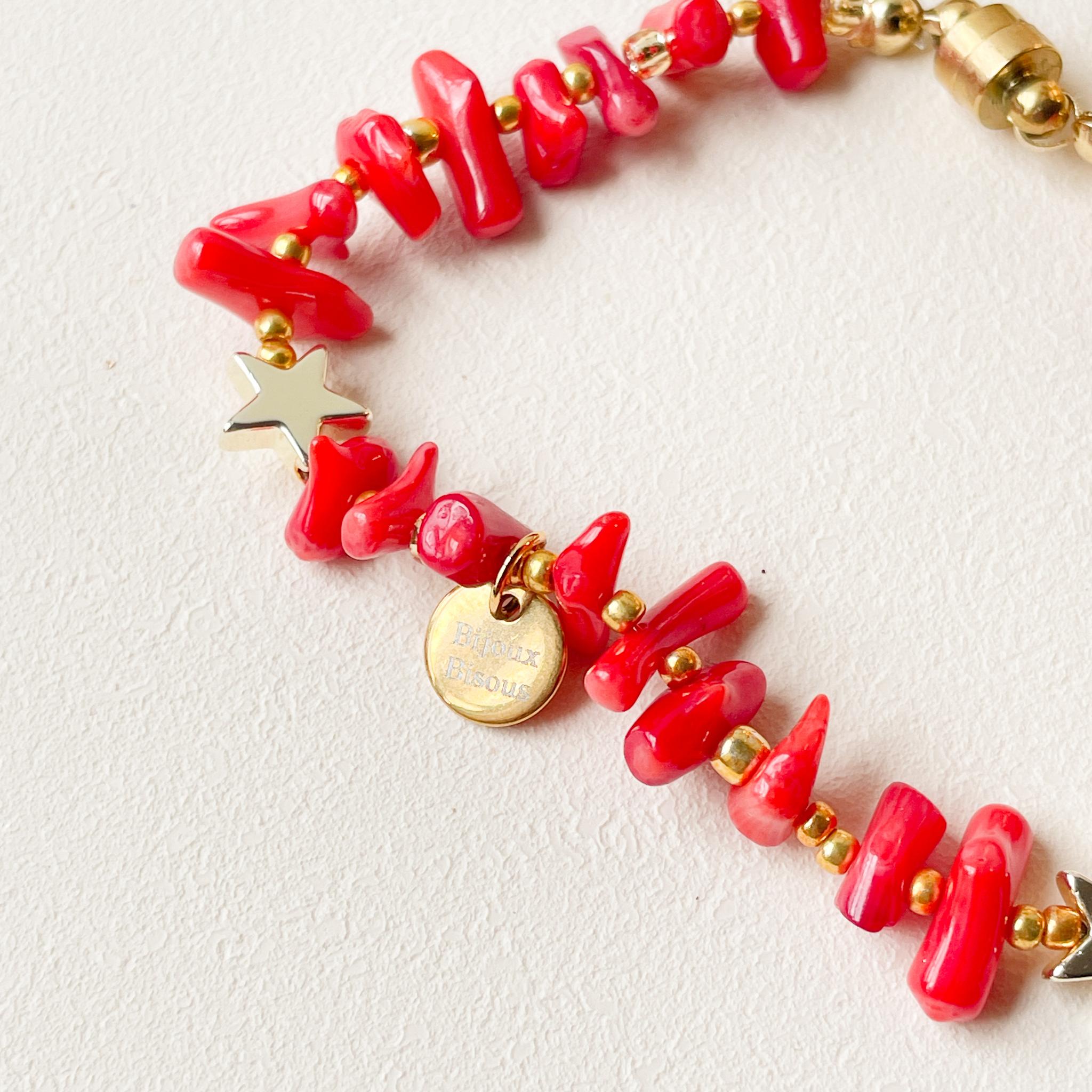 赤い珊瑚が映える！珊瑚とヘマタイトスターのマグネット式ブレスレット | 7枚目