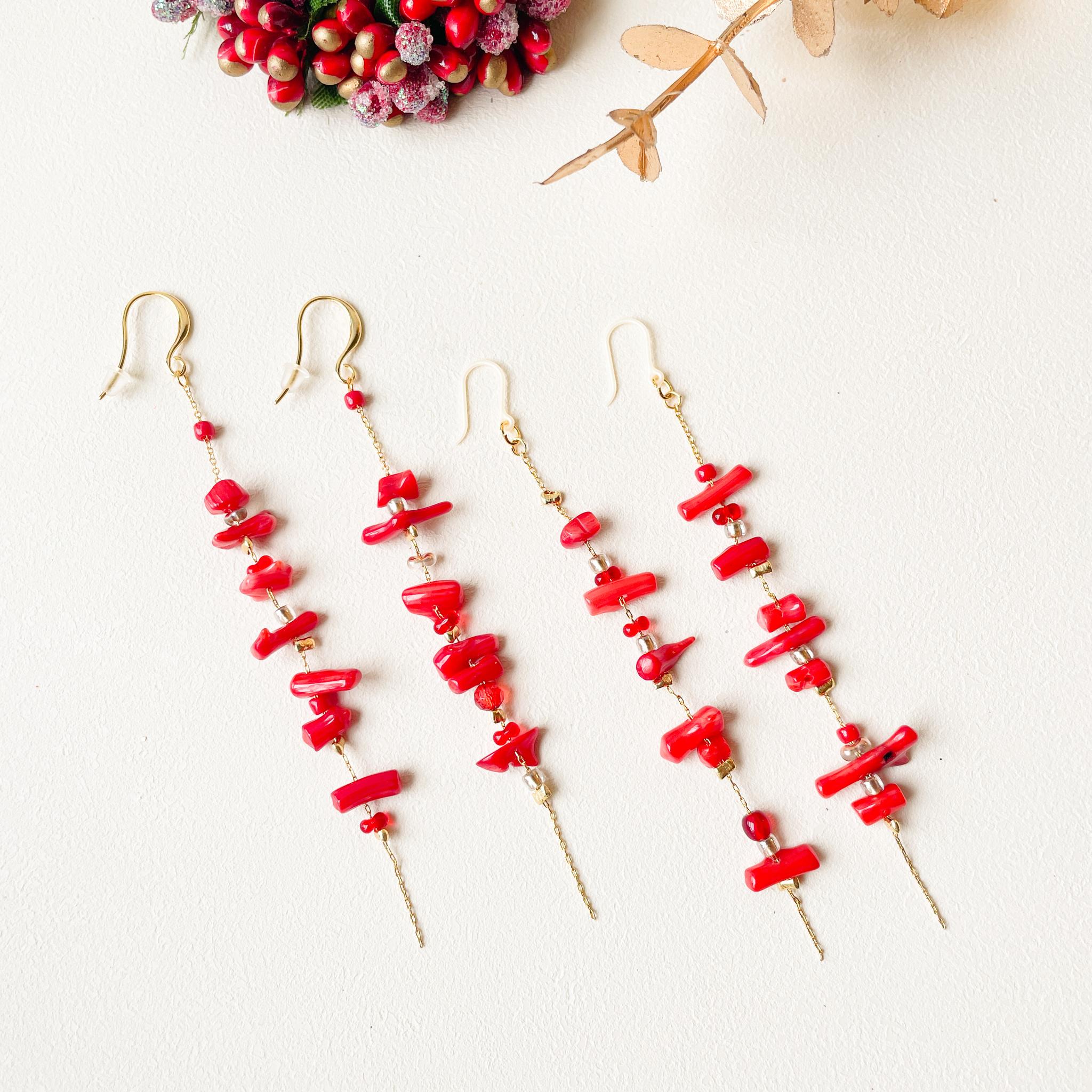 赤い珊瑚が映える！ロングチェーンピアス | 3枚目