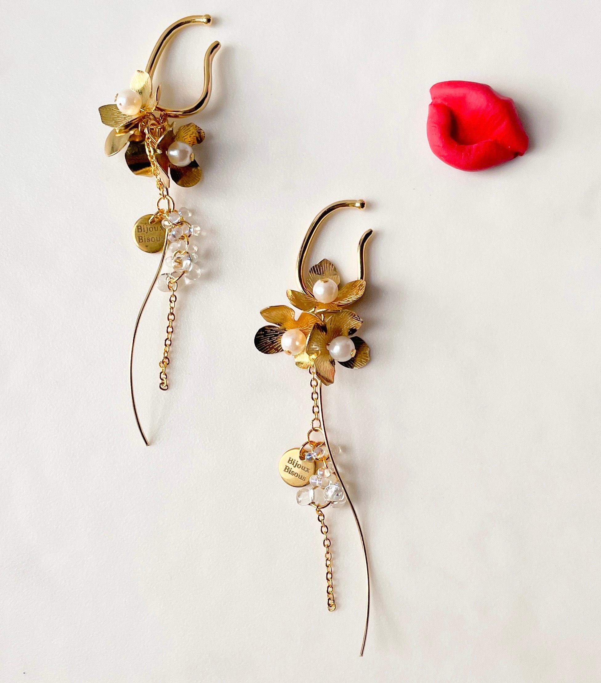 ゴールドメタルフラワーとパールが煌めく大人イヤーカフ　（ピアスイヤリングにも変更可） | 13枚目