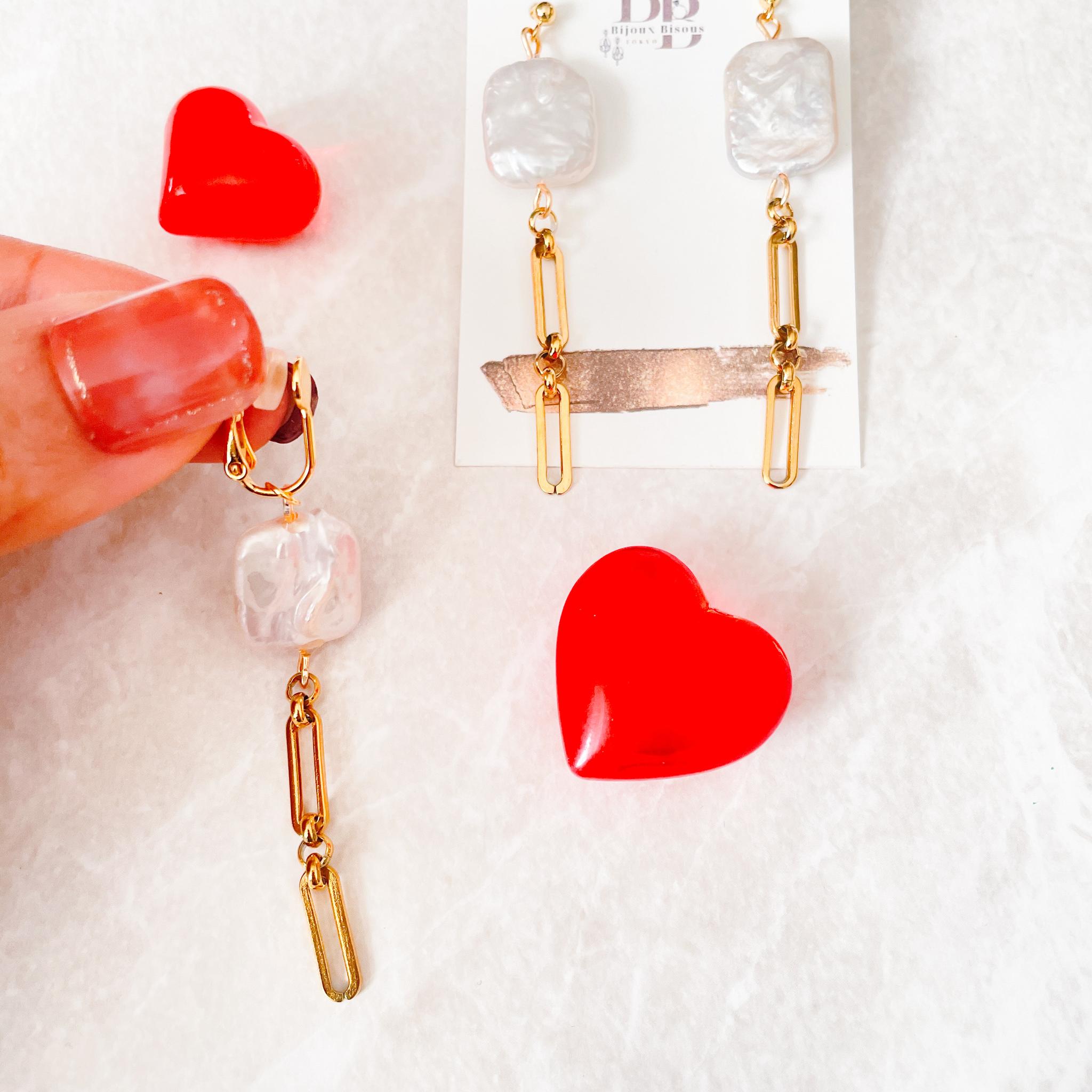 スクエアバロックパール×ゴールドステンレスチェーンの甘辛ピアス・イヤリング