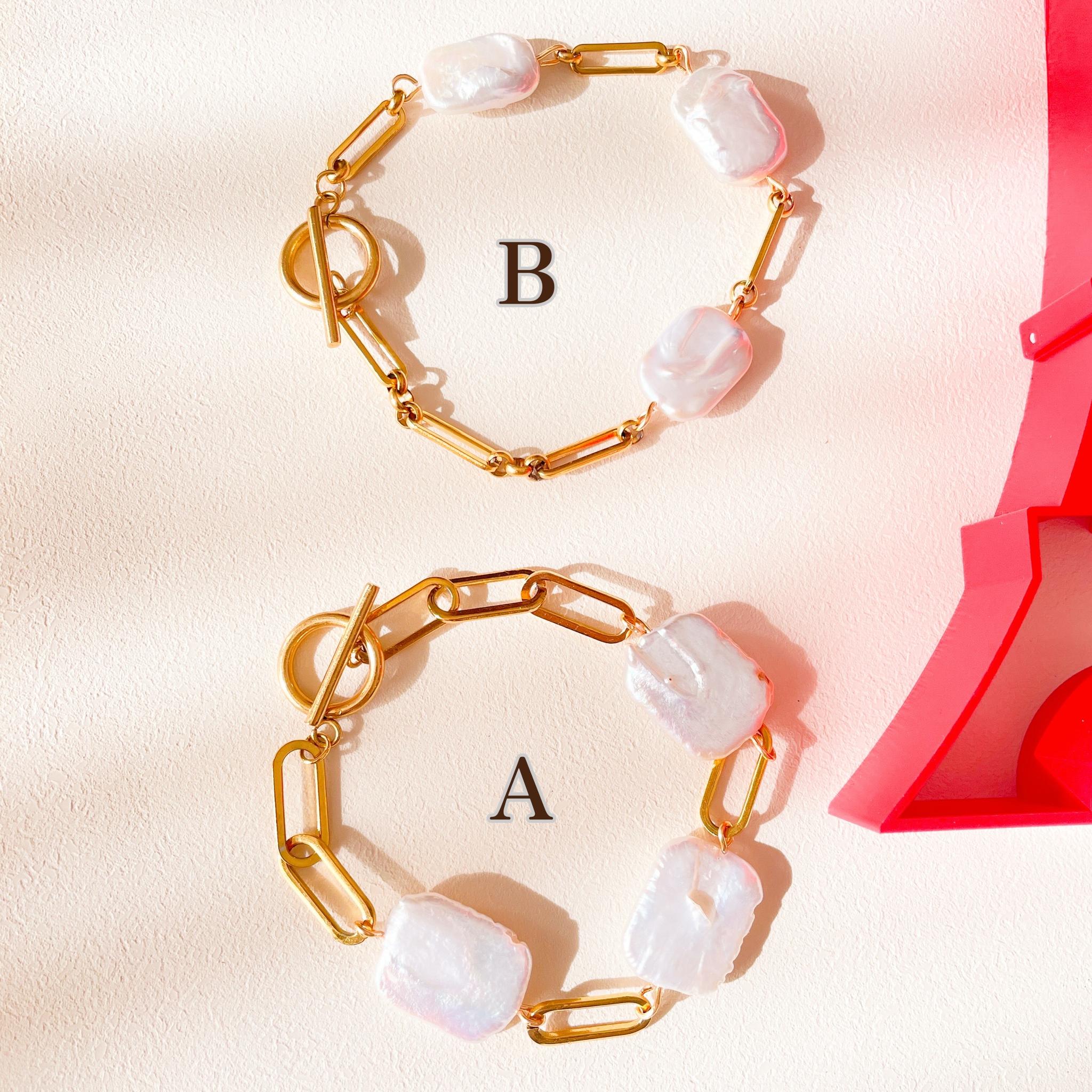 スクエアバロックパール×ゴールドステンレスチェーンの甘辛ブレスレット | 3枚目