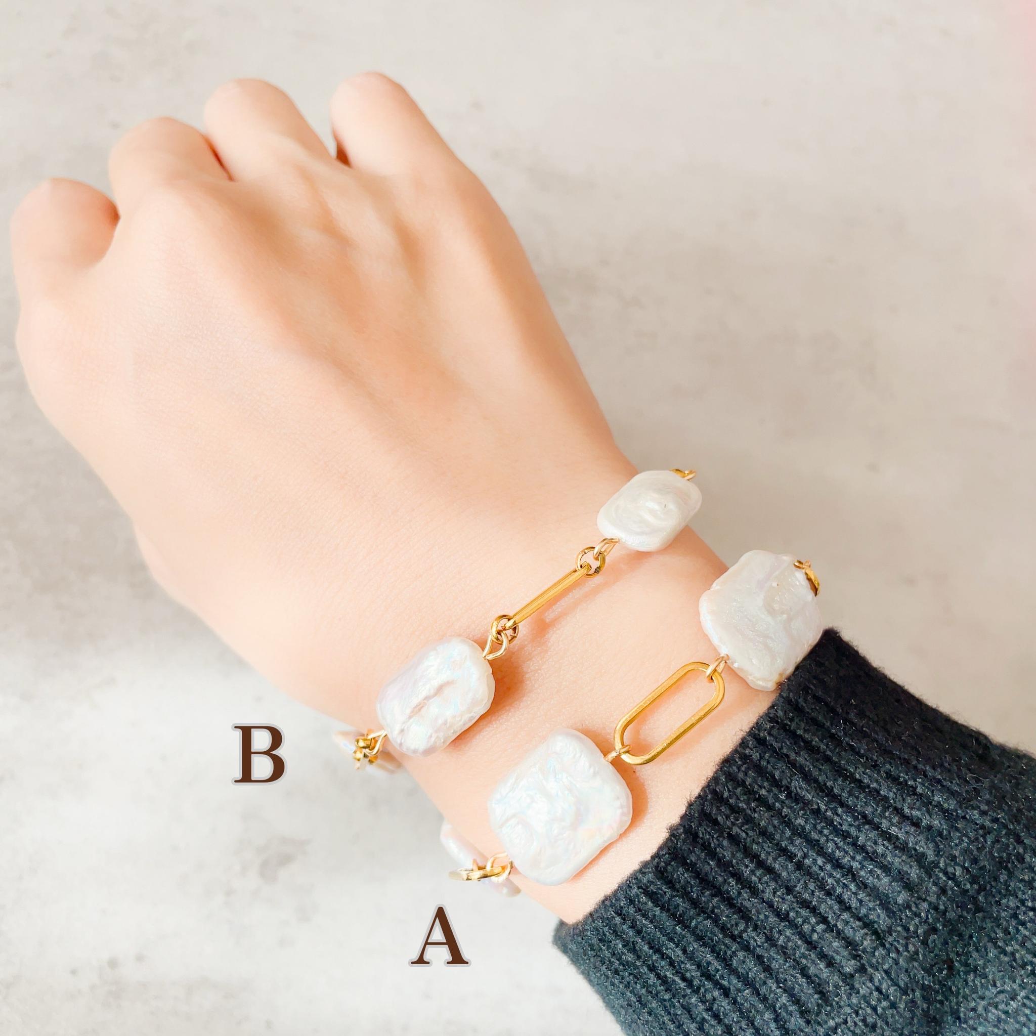 スクエアバロックパール×ゴールドステンレスチェーンの甘辛ブレスレット | 12枚目