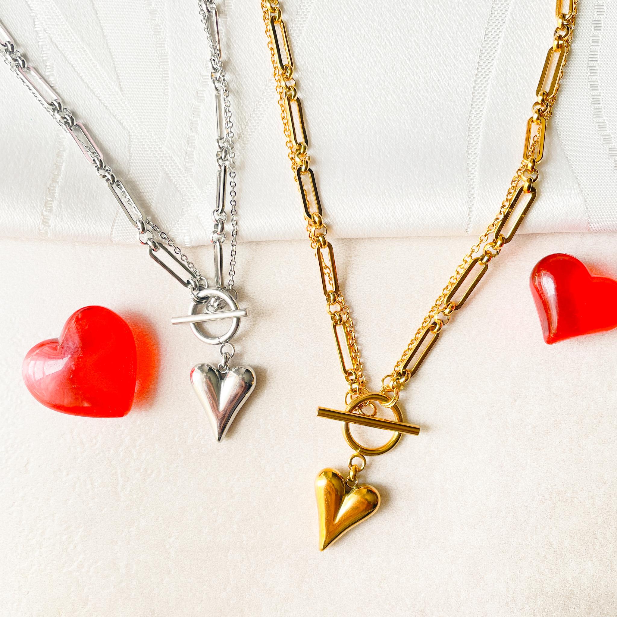 汗にも強い＆マンテルで留めるの簡単！クールな２連ハートステンレスチェーン２WAYネックレス