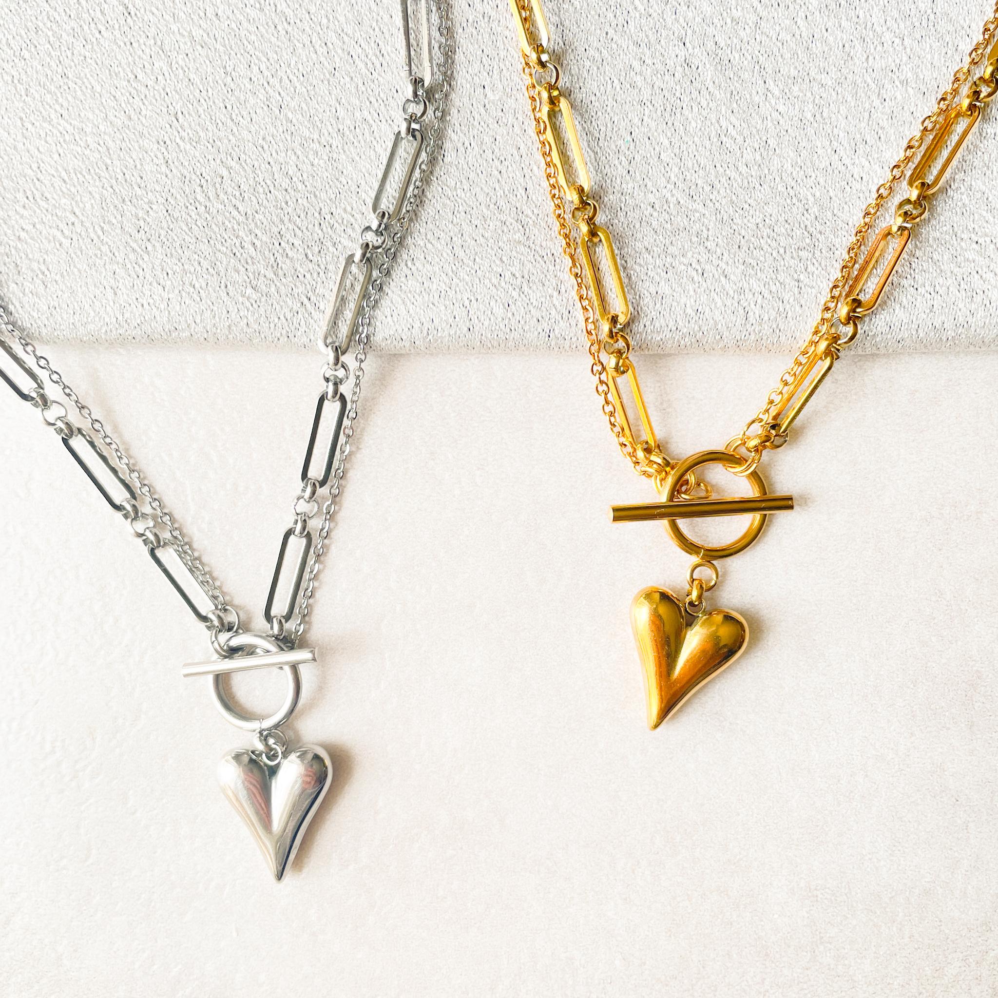 汗にも強い＆マンテルで留めるの簡単！クールな２連ハートステンレスチェーン２WAYネックレス | 3枚目