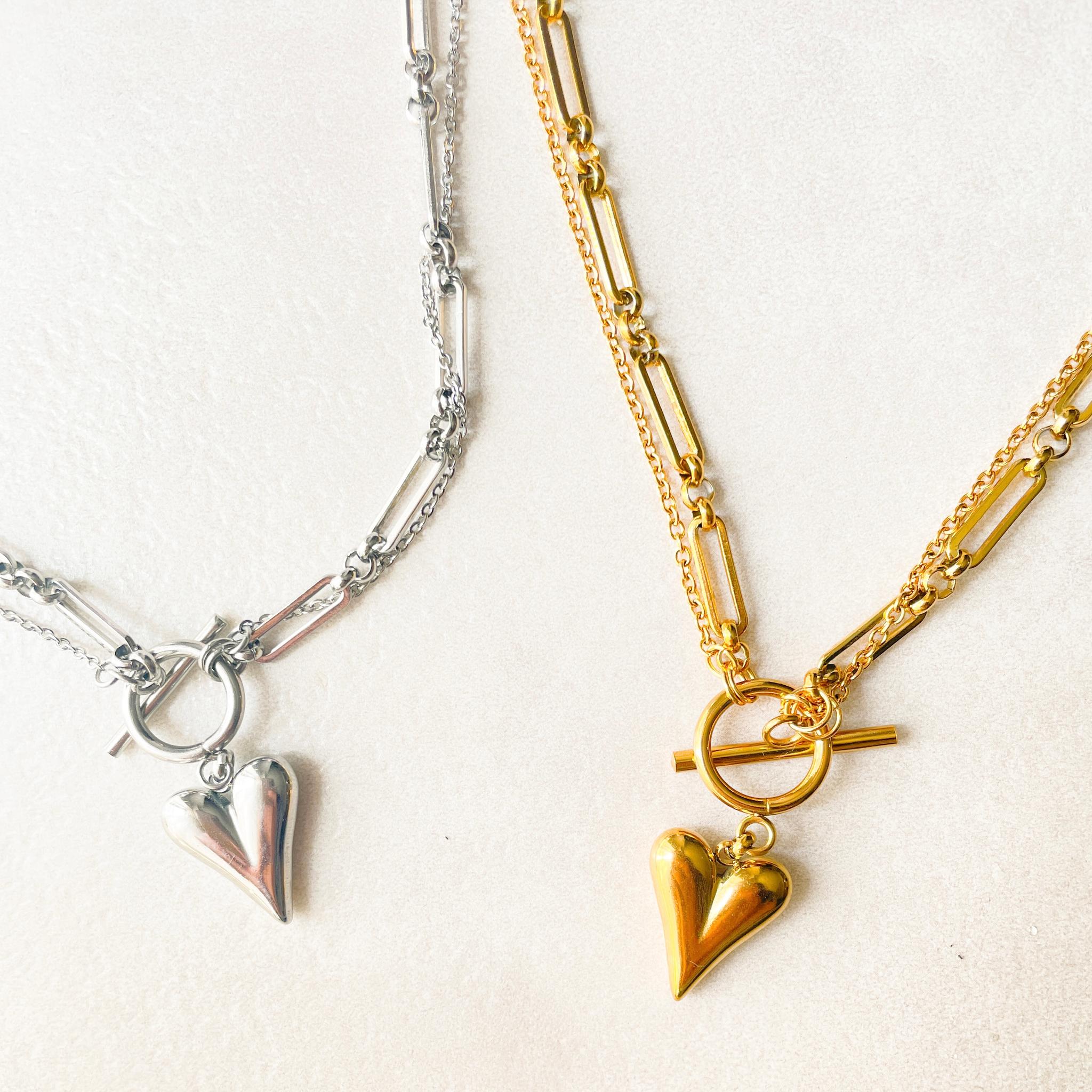 汗にも強い＆マンテルで留めるの簡単！クールな２連ハートステンレスチェーン２WAYネックレス | 4枚目