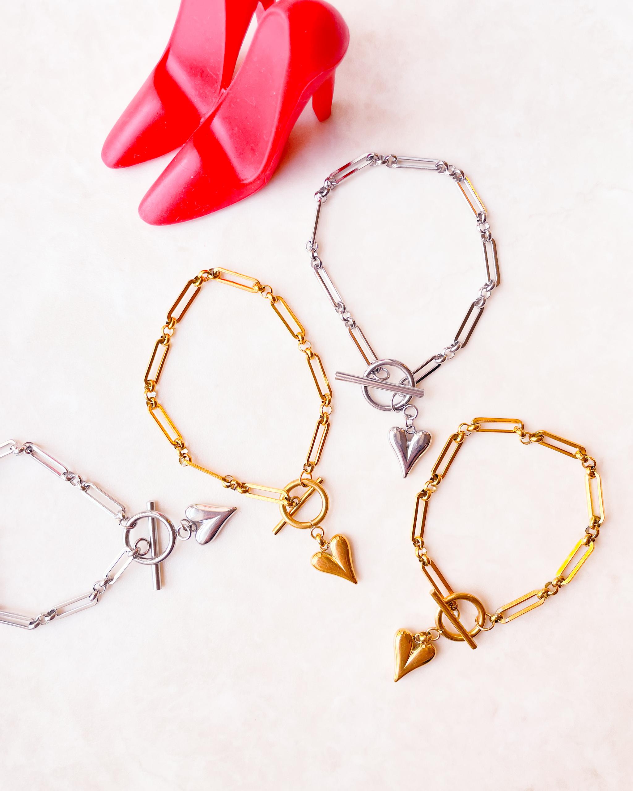 汗にも強い＆マンテルで留めるの簡単！クールなハートステンレスチェーンブレスレット　バレンタインギフト | 3枚目