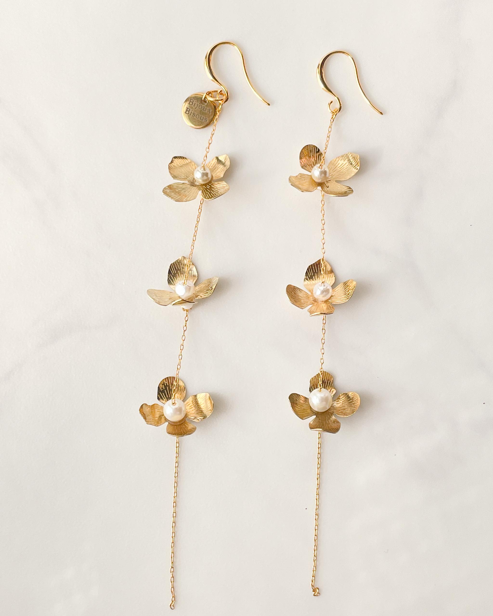 小顔効果を演出◆ゴールドメタルフラワーが揺れるロングチェーンピアス・イヤリング　長さ2種類　お呼ばれ　オケージョン | 13枚目