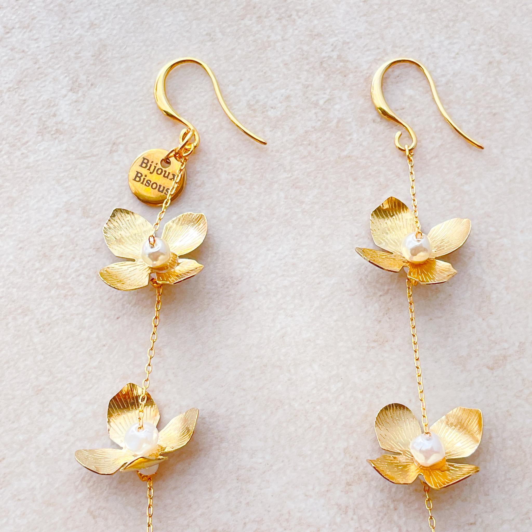 小顔効果を演出◆ゴールドメタルフラワーが揺れるロングチェーンピアス・イヤリング　長さ2種類　お呼ばれ　オケージョン | 14枚目