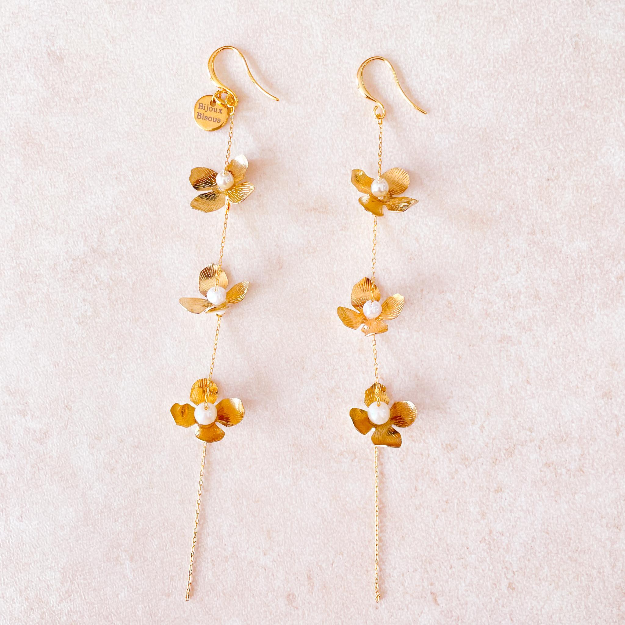 小顔効果を演出◆ゴールドメタルフラワーが揺れるロングチェーンピアス・イヤリング　長さ2種類　お呼ばれ　オケージョン | 15枚目